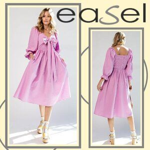 EASEL Smocked Back & Waist Adjustable Style Bodice & Bow Puff Sleeves Linen-Look